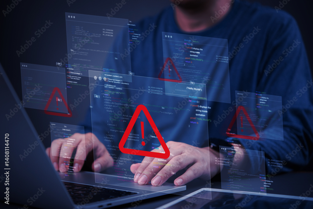 Poster programmer fixing bugs in code while dealing with error alerts ...