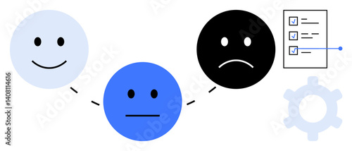 Faces expressing happiness, neutrality, sadness connected by dotted lines. Checklist and gear represent evaluation, process steps. Ideal for feedback, customer experience, mood, decision-making