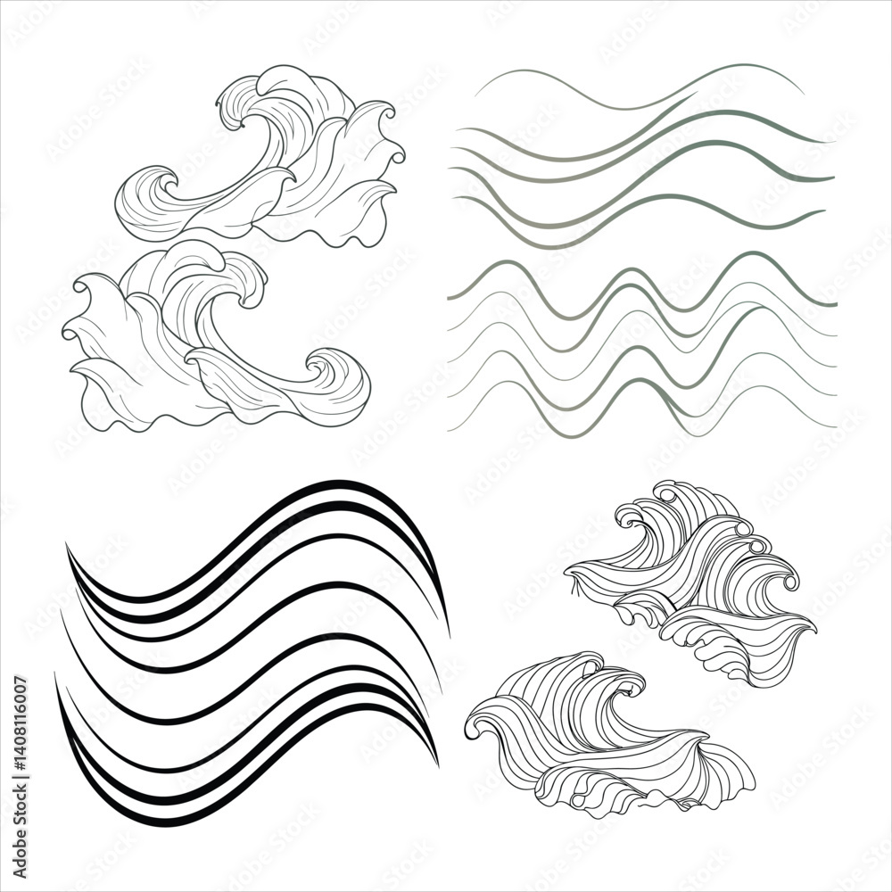 Obraz premium Abstract Waves Line Art Set Black & White Decorative Elements.