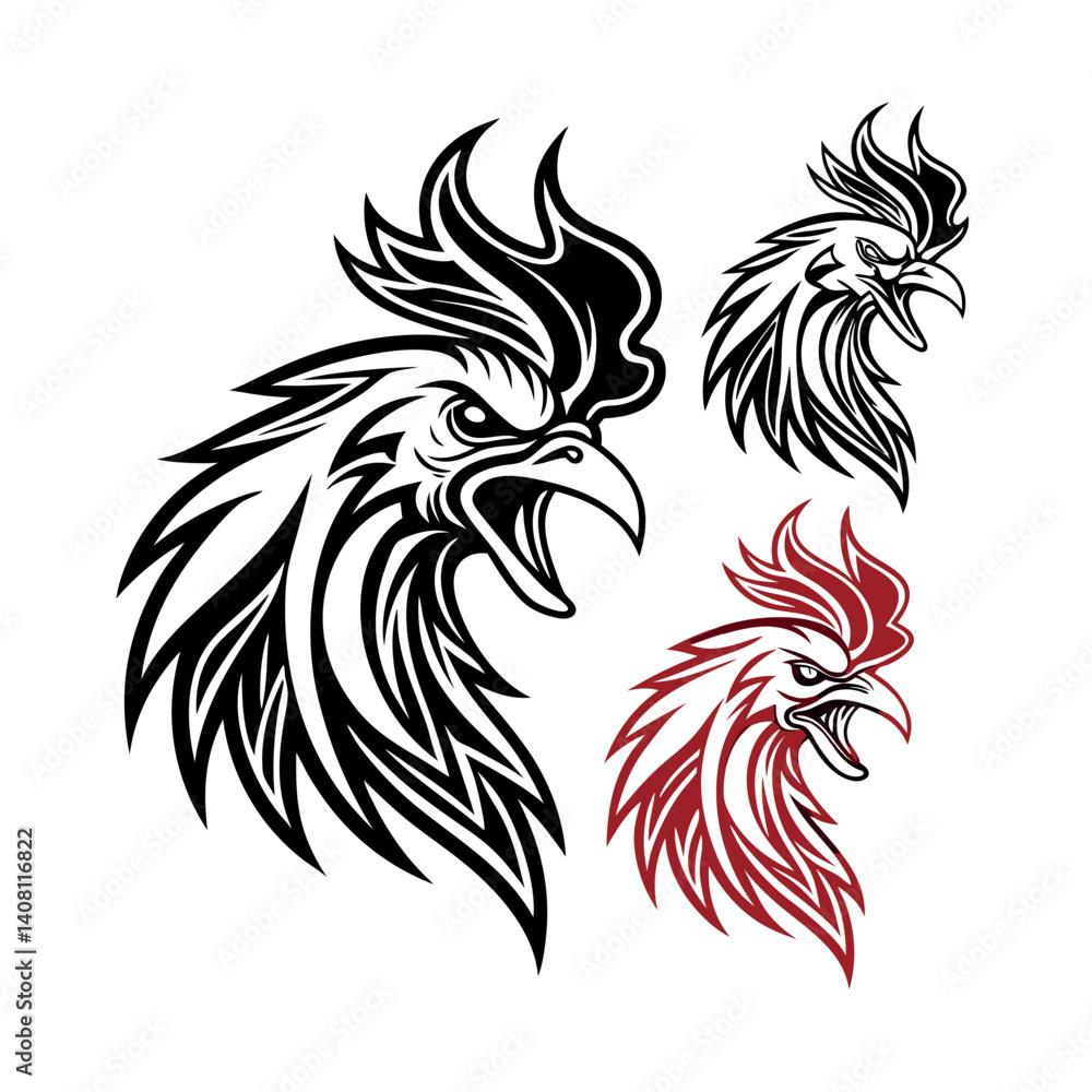 Two stylized rooster illustrations side by side, contrasting in color and detail. Two stylized rooster illustrations side by side, contrasting in color and detail.