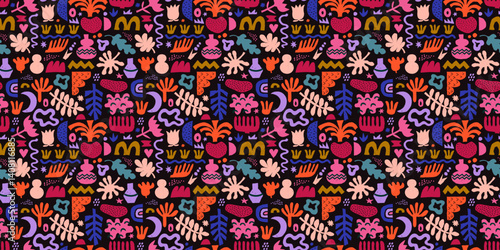 Abstract organic shape seamless pattern with naive geometric doodles in viole...