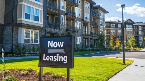 Apartment Complex Now Leasing Sign with Modern Buildings and Green Lawn
