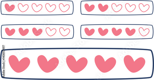 Set of heart rating bar vector illustrations with filled and outlined pink hearts in rounded rectangle frames for love feedback, reviews, and romantic UI design elements


