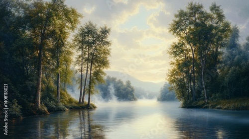 Tranquil Lake Scene with Mist and Trees at Early Morning