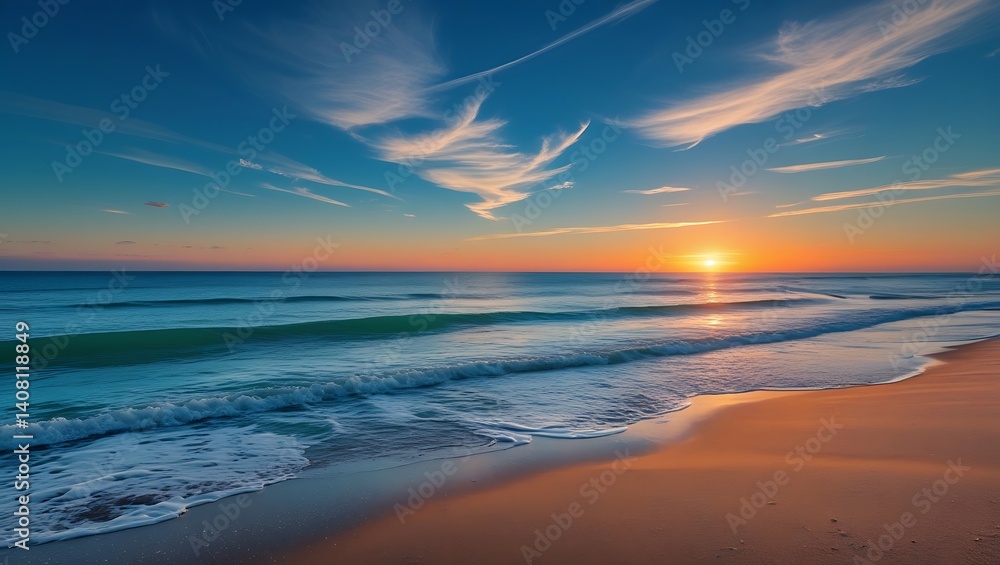 A serene beach scene at sunset, featuring a colorful sky with orange and pink tones as the sun dips below the horizon A serene beach scene at sunset, featuring a colorful sky with orange and pink tones as the sun dips below the horizon