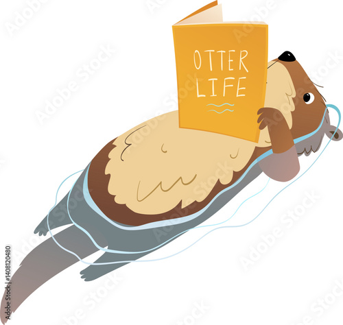 Cute Cartoon Baby Otter Reading a book while swimming in pond or lake. Otter reading or study book, animal character design for children. Vector animal illustration clip art for kids education.