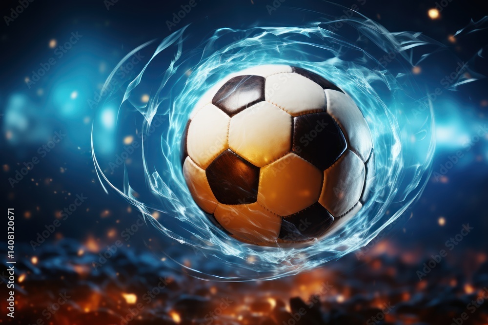 Naklejka premium Soccer ball in a net on a bokeh background. 3d illustration. Soccer ball in goal net on blue background. 3d illustration. Goal. Soccer Football Concept with copy space. Sport concept with copy space.