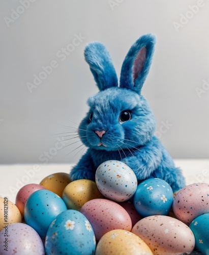 Adorable blue Easter bunny with colorful painted eggs. Adorable blue Easter bunny with a yellow bow sitting next to colorful painted eggs against a grey wall