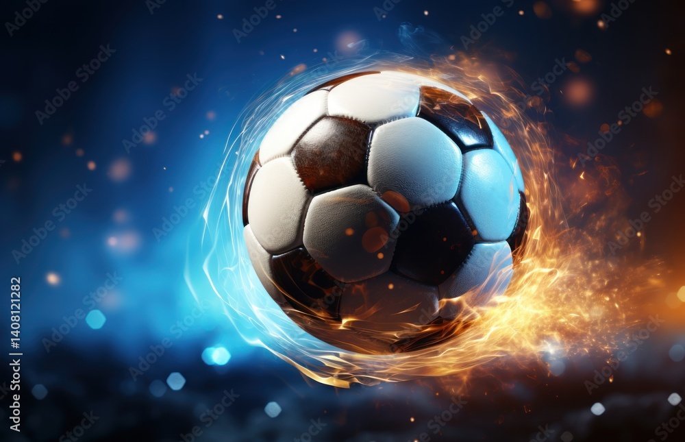 Naklejka premium Soccer ball in a net on a bokeh background. 3d illustration. Soccer ball in goal net on blue background. 3d illustration. Goal. Soccer Football Concept with copy space. Sport concept with copy space.