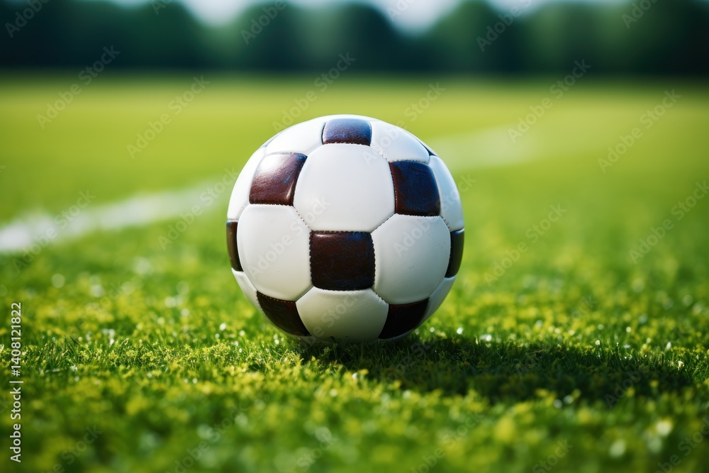 Obraz premium Soccer ball on the green grass of the football field. Football background. 3d illustration. Goal. Soccer Football Concept with copy space. Sport concept with copy space.