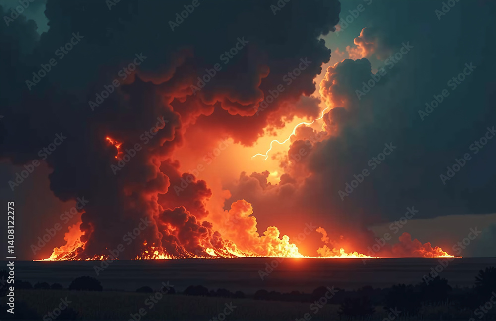 Fototapeta premium A Dark And Foreboding Sky Filled With Flames And Ominous Clouds Sets The Tone For A Scary And Dramatic Design.