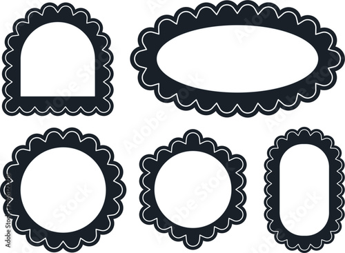 Set of scalloped edge vector frames in various shapes including oval, round, arch, and rectangle for labels, crafts, scrapbooking, invitations, and decorative design projects

