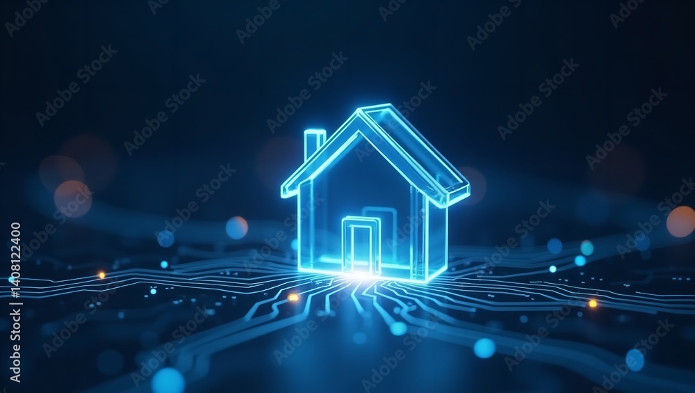 Smart home future digital house glowing neon circuit board design tech
