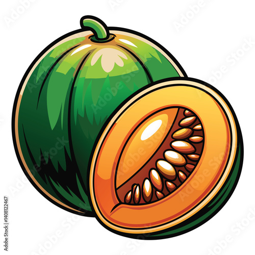 Cantaloupe slice and whole fruit illustration