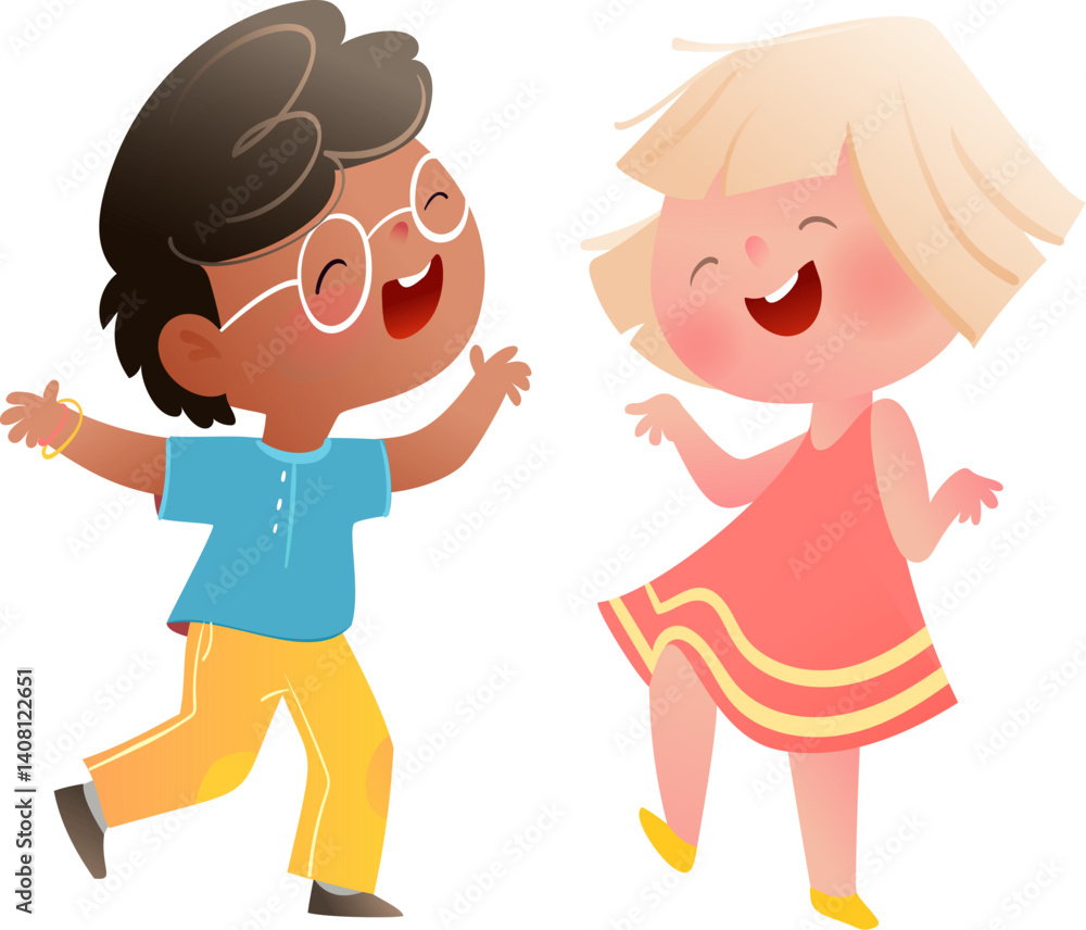 Kids Boy and Girl Dancing and Having Fun Together. Playful children cartoon, lively funny little girl and boy character design. Vector little child illustration clip art for kids.