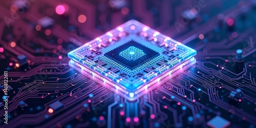 Futuristic CPU Close-Up with Glowing Core, Powerful next gen CPU with glowing central core and data transfers