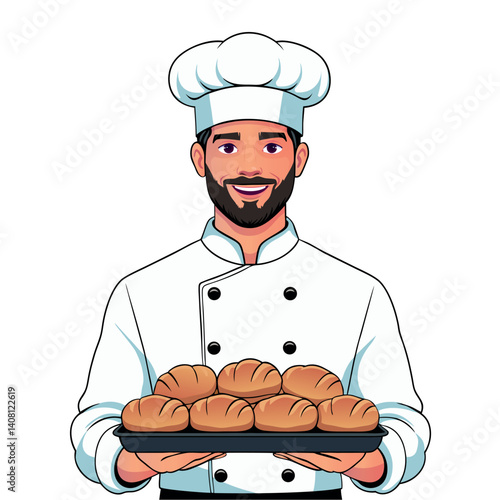  Smiling Male Baker Holding Tray of Fresh Bread Buns. Vector Illustration