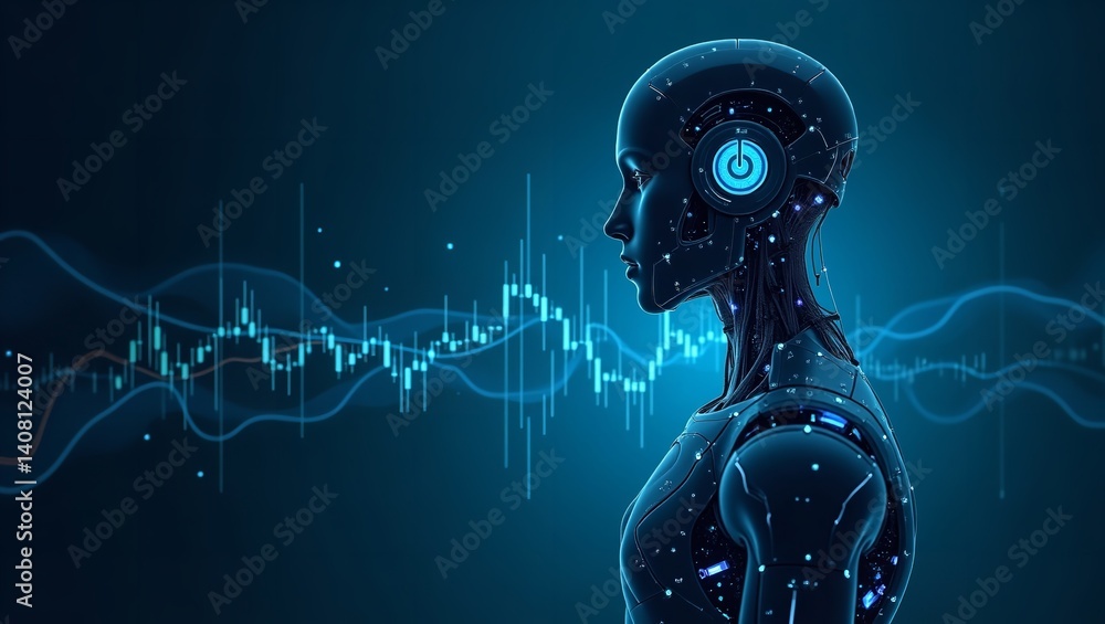 Futuristic AI robot analyzes market data glowing blue digital lines dark background