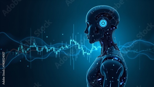 Obraz na płótnie Futuristic AI robot analyzes market data glowing blue digital lines dark background w salonie