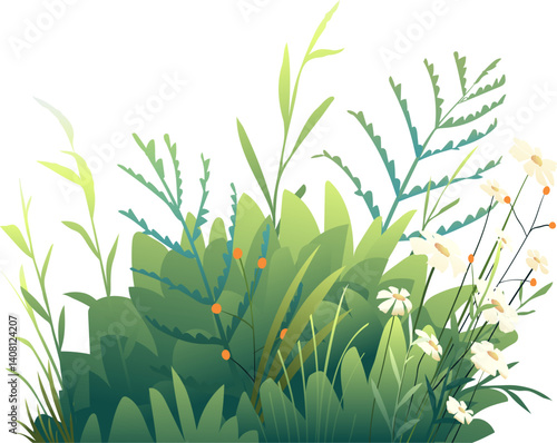Colorful Botanical Cartoon Grass and Leaves Floral Composition. Green spring or summer floral nature scene design. Vector illustration, hand drawn nature clip art cartoon for kids in watercolor style