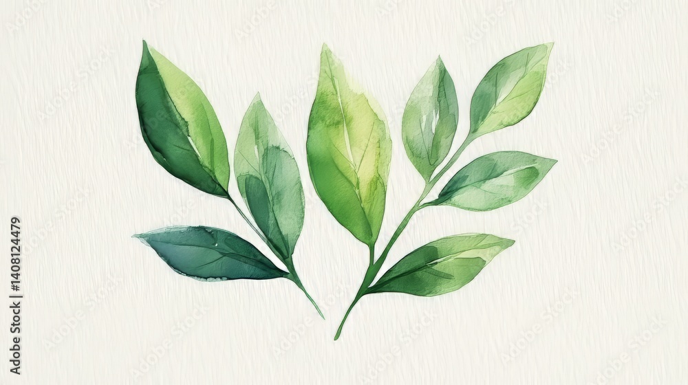 Fototapeta premium A tranquil watercolor scene featuring eucalyptus, lavender, and gentle wildflowers, illuminated by a soft, natural light on a white background