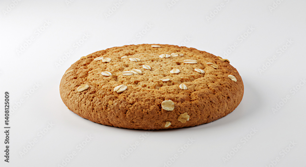 Single oatmeal cookie centered on white backdrop, showing golden crisp edges and soft center Single oatmeal cookie centered on white backdrop, showing golden crisp edges and soft center