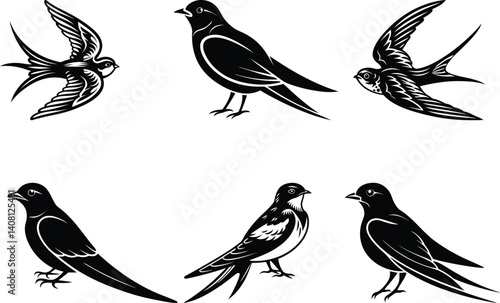 A beautiful swallow silhouette vector art, swallow isolated premium quality line art vector illustration set