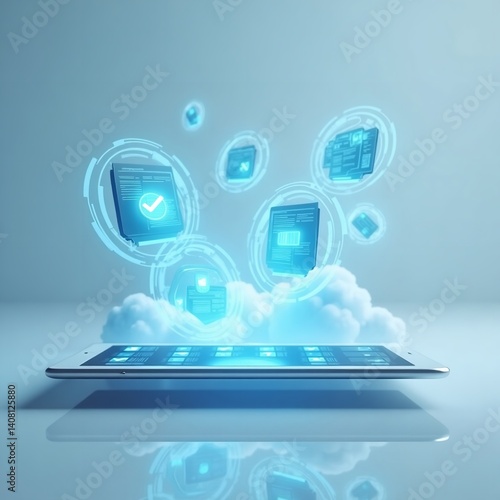 Obraz na płótnie Cloud computing data processing tablet device digital technology future innovation glowing interface w salonie