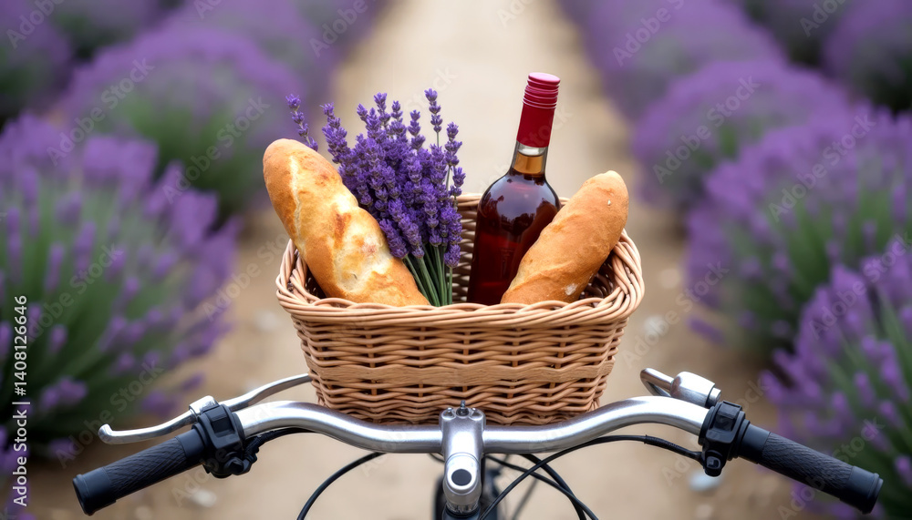Bicycle basket with wine, bread and lavender against the backdrop of a flowering field in Provence, France. Summer travel and rural lifestyle concept.