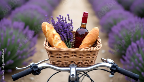 Obraz na płótnie Bicycle basket with wine, bread and lavender against the backdrop of a flowering field in Provence, France. Summer travel and rural lifestyle concept. w salonie