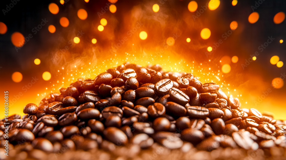 Steaming coffee beans glowing with warm light and bokeh effect Steaming coffee beans glowing with warm light and bokeh effect