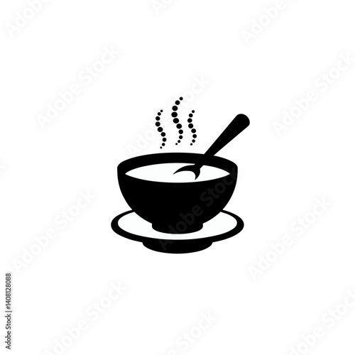 hot soup bowl with steaming broth and spoon  