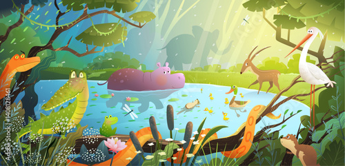 Photography Jungle Pond or Lake Scenery with Hippopotamus and Diverse Wildlife