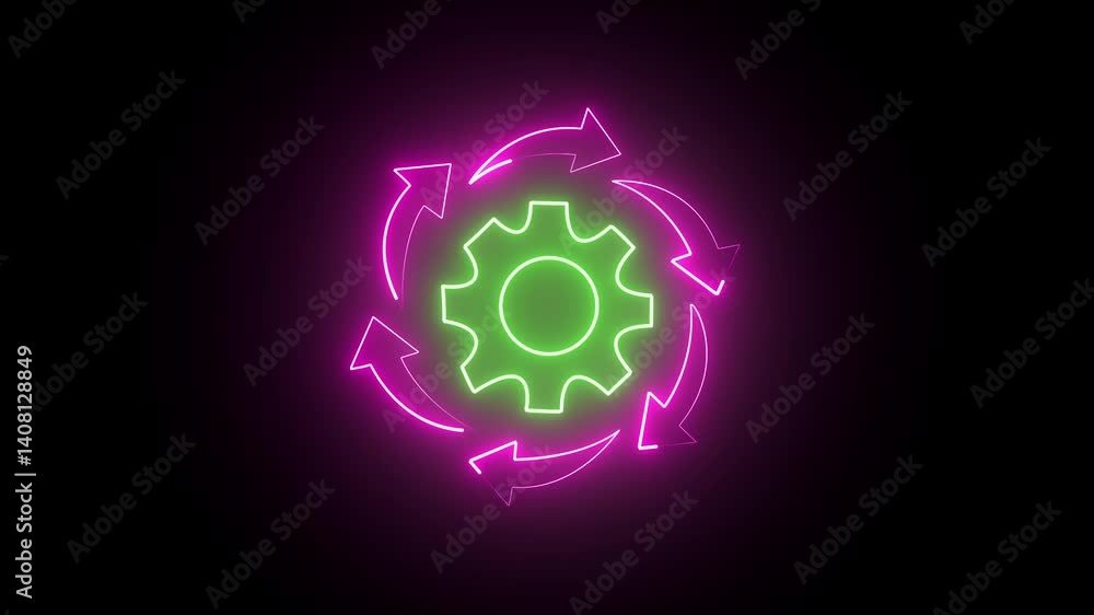 Settings tools share icon animation on black background. neon glow light circle. Settings tools share icon animation on black background. neon glow light circle.