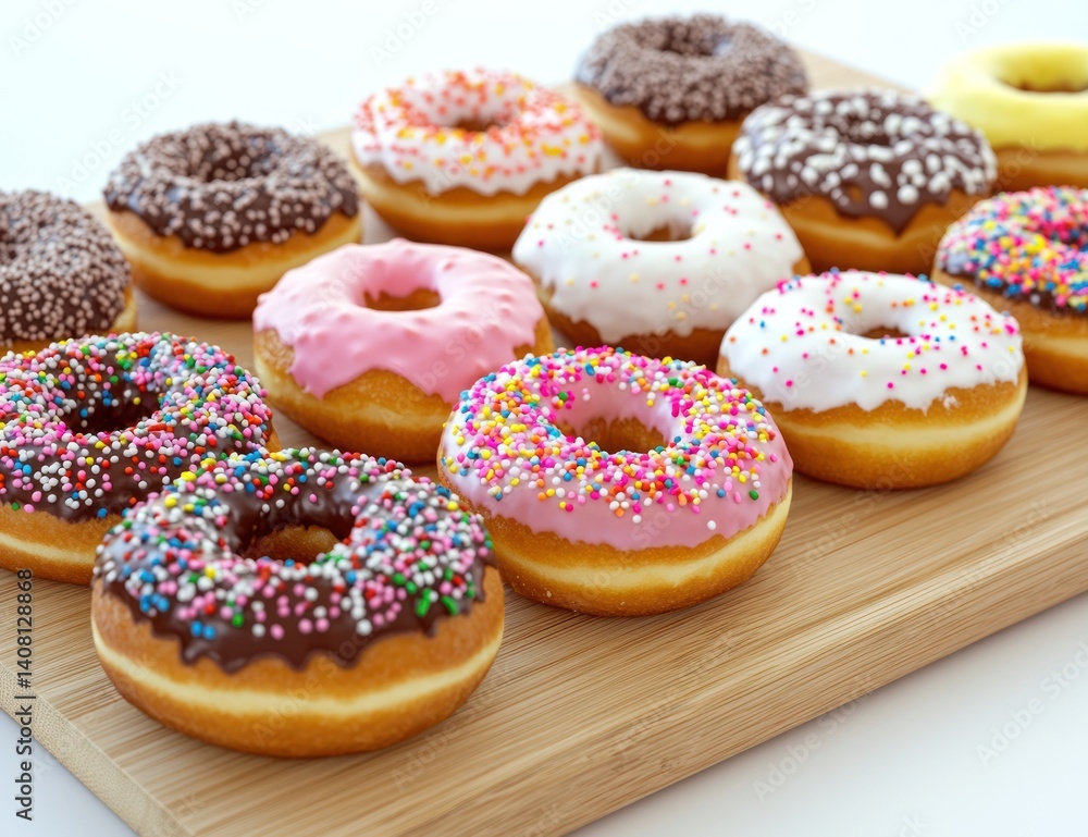 Assorted donuts with frosting and sprinkles on a wooden board close up. Assorted donuts with frosting and sprinkles on a wooden board close up.