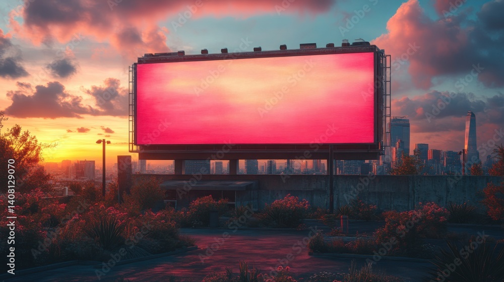 Obraz premium Vibrant Sunset Cityscape with Blank Billboard Advertisement Urban Rooftop Landscape