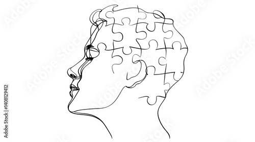 Continuous Line Drawing of Human Head with Puzzle Piece Elements Representing Complexity of Mind