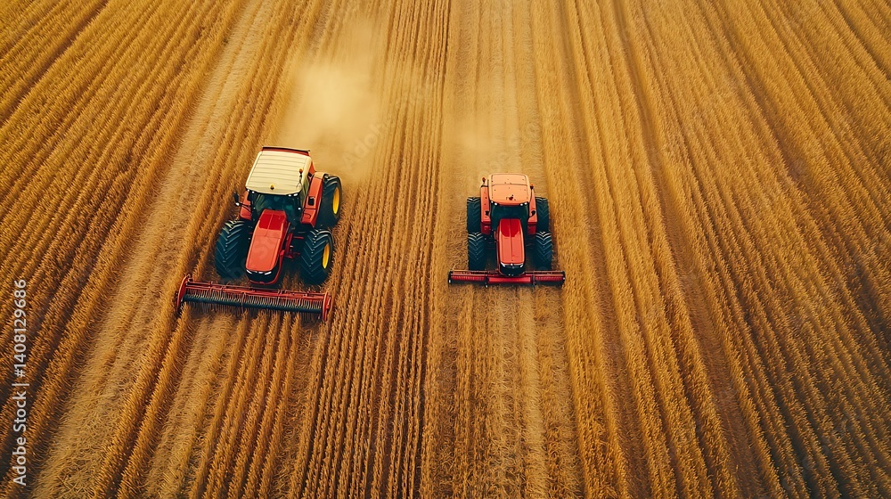 Obraz premium Aerial View of Tractors Harvesting Wheat in Golden Field, Two red tractors working in a golden wheat field