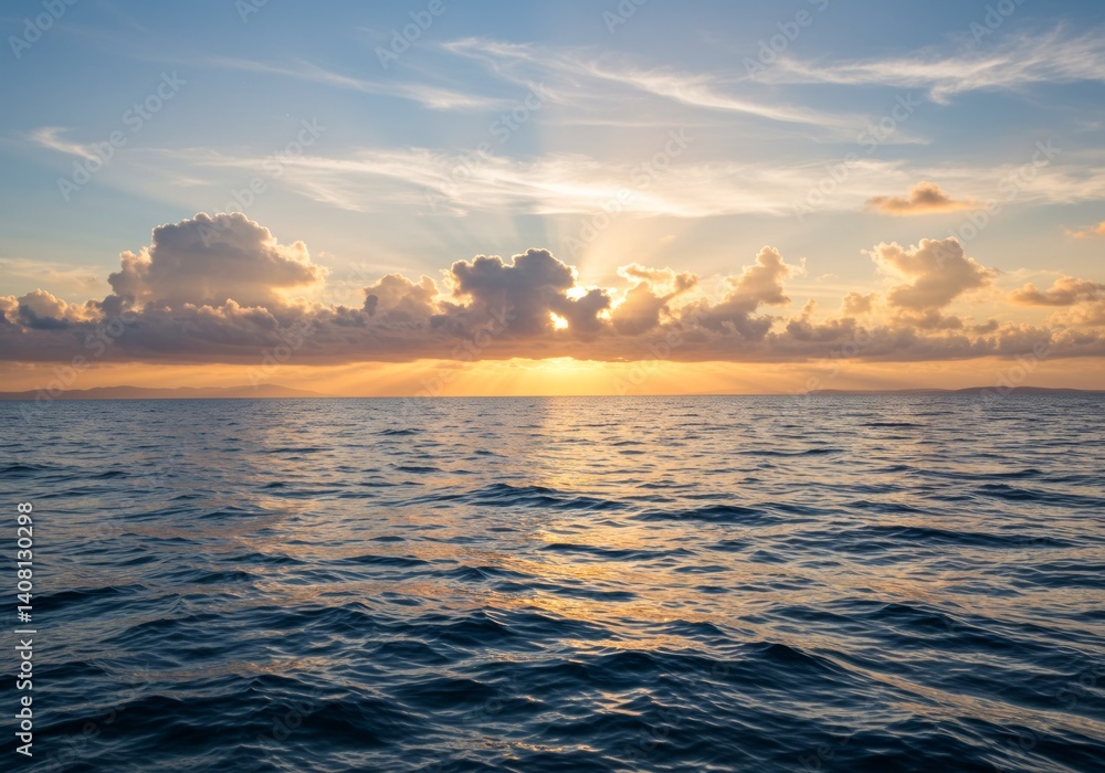 Naklejka premium Ocean at sunset with golden rays and clouds over distant mountains.