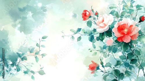 A stunning red rose in full bloom, gently colored with soft watercolors and hints of blue, radiating serene beauty
