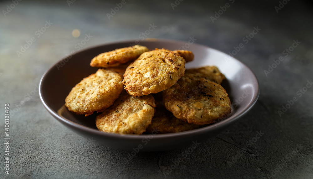 Crispy sabudana vada in bowl. Tasty Indian snack. Delicious food. Cooking and culinary concept. Crispy sabudana vada in bowl. Tasty Indian snack. Delicious food. Cooking and culinary concept.