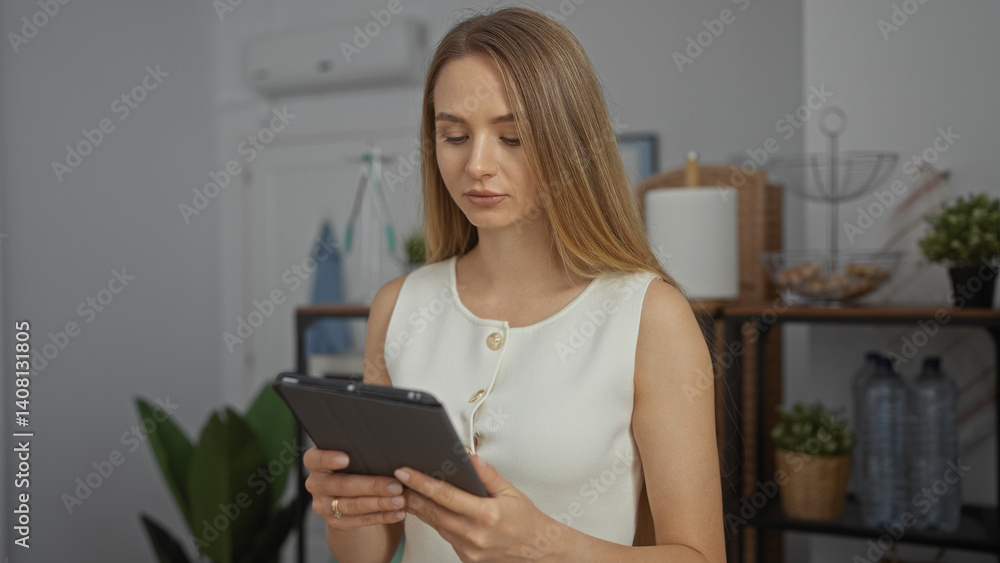 Woman working in office using tablet surrounded by plants and modern decor creating a calming professional space during the day. Woman working in office using tablet surrounded by plants and modern decor creating a calming professional space during the day.
