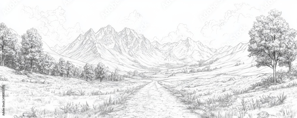Calm Monochromatic Mountain Illustration With Serene Landscape Calm Monochromatic Mountain Illustration With Serene Landscape