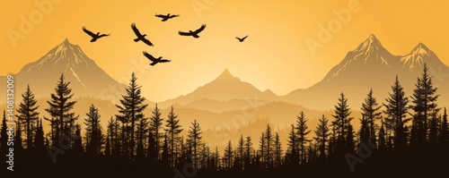 A serene sunset landscape features silhouetted trees and birds soaring through the air