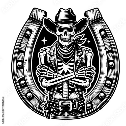 Cowboy Skeleton with Horseshoe Vector Illustration