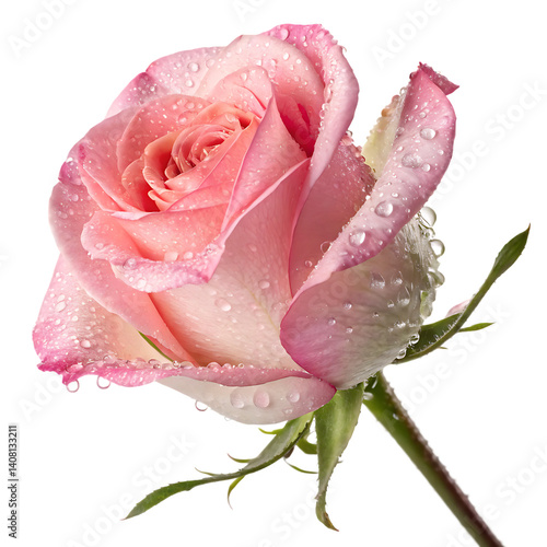 Close-up of a beautiful pink rose with water droplets. pink rose isolated on Transparent background