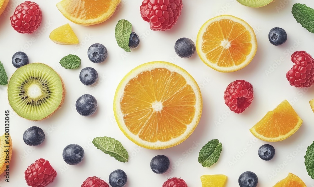 Fresh berries and fruit are beautifully arranged in a vibrant and colorful display on white Fresh berries and fruit are beautifully arranged in a vibrant and colorful display on white