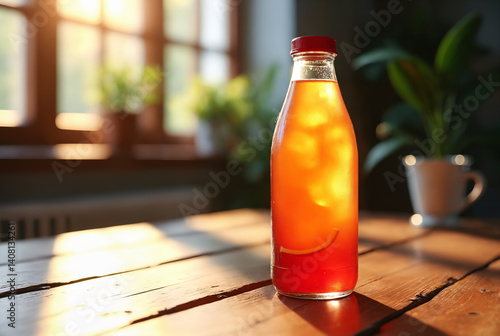 Refreshing Iced Tea Bottle Illuminated by Natural Sunlight Against Window with Plants Background