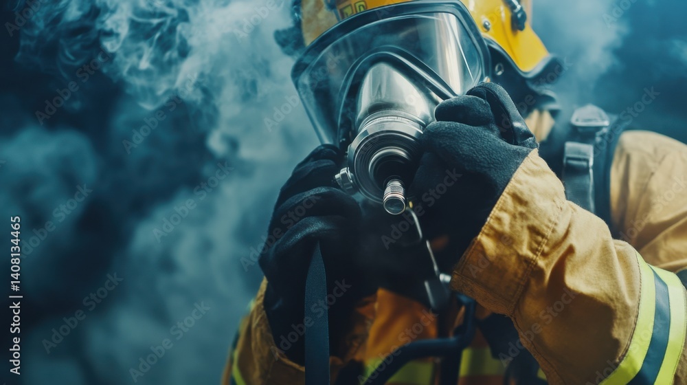 Firefighter securing an oxygen mask before entering smoke. Featuring bravery and preparation Firefighter securing an oxygen mask before entering smoke. Featuring bravery and preparation