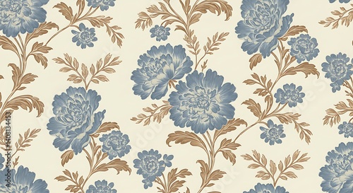 Serene Blue Floral Pattern: Elegant Cream & Dusty Blue Blooms AI Generated